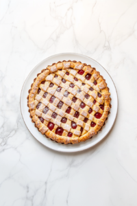 This image shows a fine layer of powdered sugar being sprinkled over the baked Vegan Linzer Torte, giving it a festive and classic final touch.