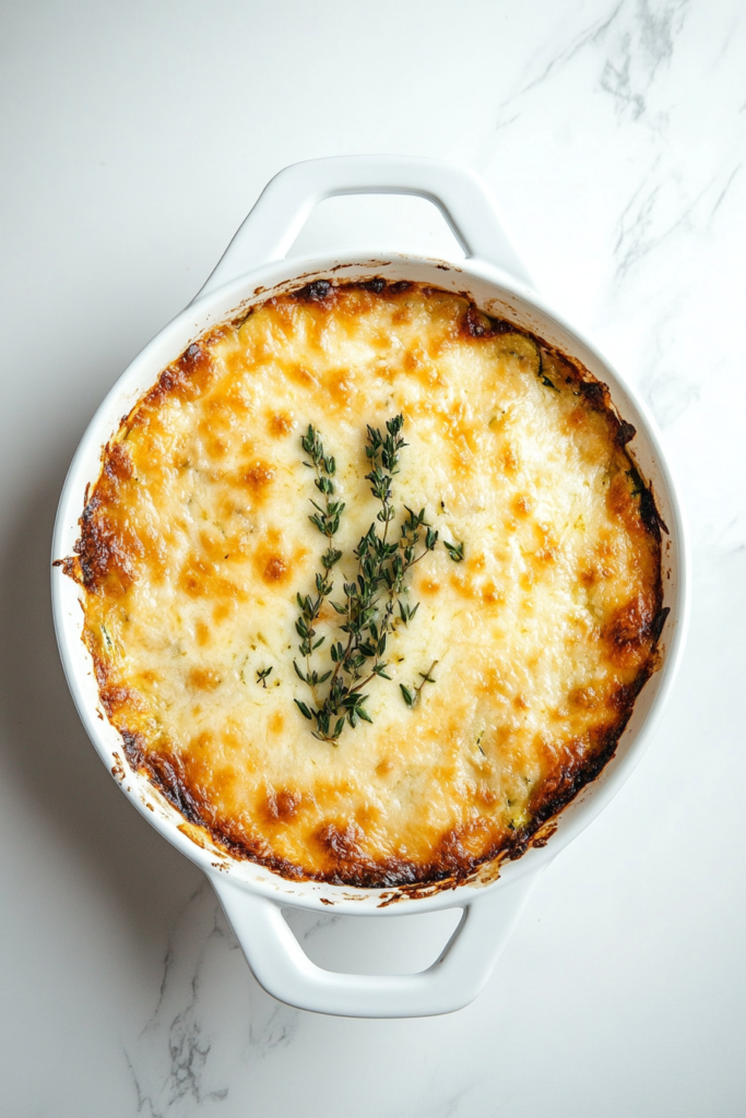 this image shows delicious and comforting Easy Cheesy Zucchini Bake featuring medium zucchini and yellow squash cut into slices, topped with coarsely grated Parmesan cheese, and baked to perfection in a white serving bowl.