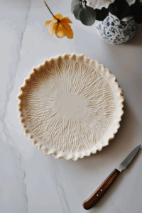 This image shows rolled-out dough being carefully placed and adjusted into a pie tin, forming the base for the vegan lemon meringue pie.