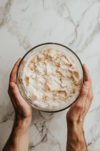 This image shows dough being formed by combining the ingredients, with hands gently shaping it to form a dough ball for the pie crust.