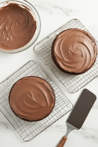 fully cooled Hershey chocolate cake being topped with luscious, swirled chocolate frosting, completing the rich dessert.