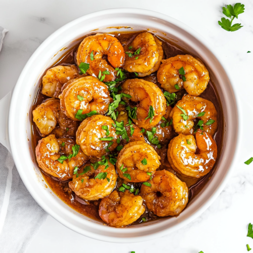 This image shows a white bowl filled with Garlic Honey Lime Shrimp, cooked in a creamy sauce, with a pinch of cayenne pepper, tender shrimp, and garnished with freshly chopped cilantro.