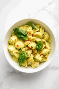 this image shows The finished avocado pesto pasta being garnished with fresh basil leaves, cashew parmesan, and a pinch of red pepper flakes, ready to serve as a vibrant and delicious meal.