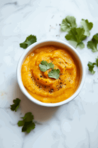 This image shows the finished sweet potato soup garnished with freshly chopped cilantro and a sprinkle of black pepper, ready to serve.