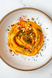 this image shows Sweet potato fettuccine served on a white plate, garnished with fresh spring onions, sesame seeds, and chili flakes for a visually appealing and delicious meal.