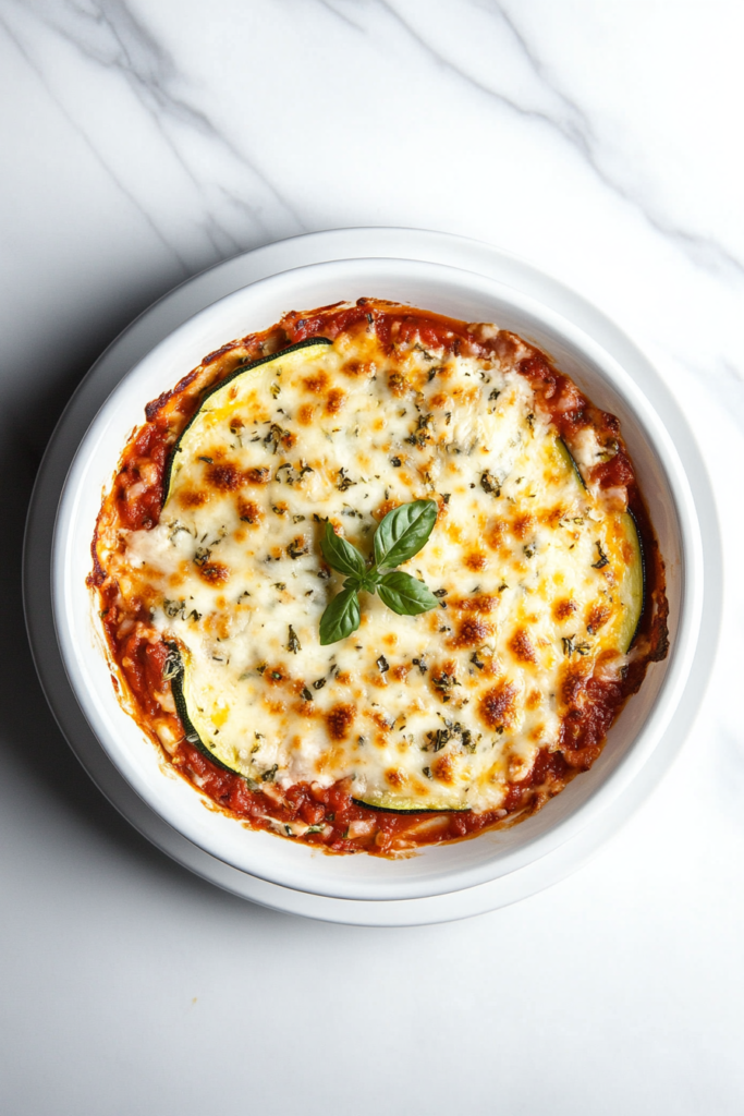 this image shows hearty gluten-free zucchini lasagna served in a white bowl, layered with zucchini, cheese, and fresh basil, offering a comforting and satisfying meal with a healthy twist.