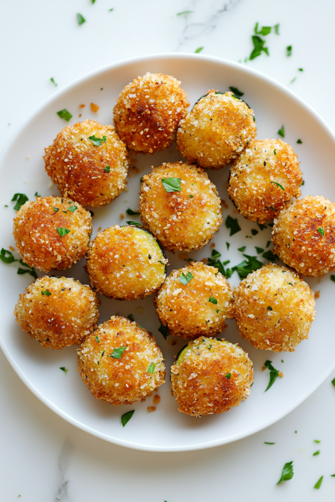 this image shows Crispy, golden brown Parmesan crusted zucchini served on a white round plate, offering a deliciously crunchy texture with a savory cheese coating.
