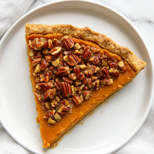This image shows a slice of Grandma's Sweet Potato Pecan Pie on a white round plate, featuring a creamy sweet potato base topped with glossy pecans, perfect for a holiday dessert.