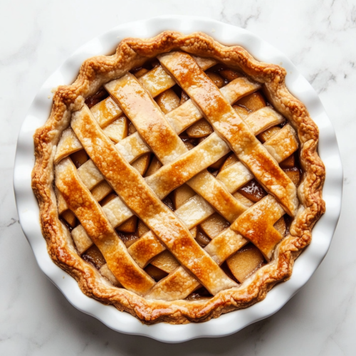 This image shows a delicious Vegan Rustic Apple Pie with a golden brown crust served on a white round plate, showcasing its homemade appeal and warm, comforting look.
