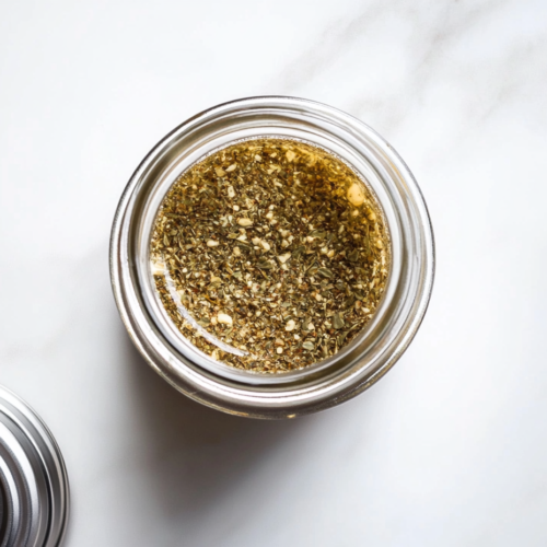 This image shows a small glass bowl filled with freshly made Greek salad dressing, prepared with olive oil, garlic powder, oregano, basil, pepper, salt, onion powder, and Dijon mustard, ready to enhance any salad.