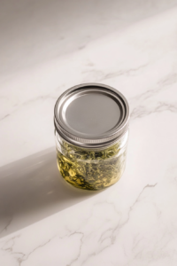 This image shows the completed Greek salad dressing being poured into a sealed container, ensuring it stays fresh and ready to use for salads or marinades.