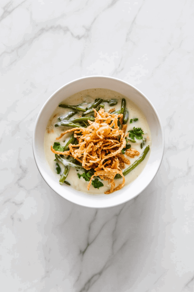 this image shows classic green bean casserole, slow-cooked and topped with crispy French fried onions for an extra crunch.