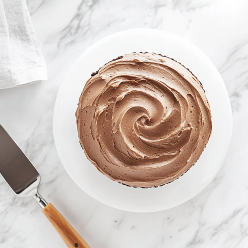 round, rich Hershey chocolate cake displayed in a white dish, made with HERSHEY'S Cocoa and topped with beautifully swirled chocolate-flavored icing.