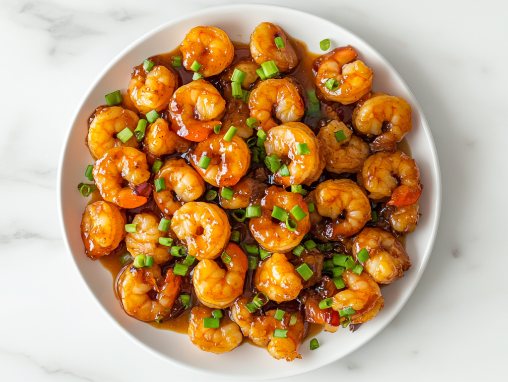 This image shows a beautifully plated dish of honey mustard garlic shrimp, served on a white plate and garnished with fresh chopped spring onions, showcasing the delicious, savory flavors of the shrimp.