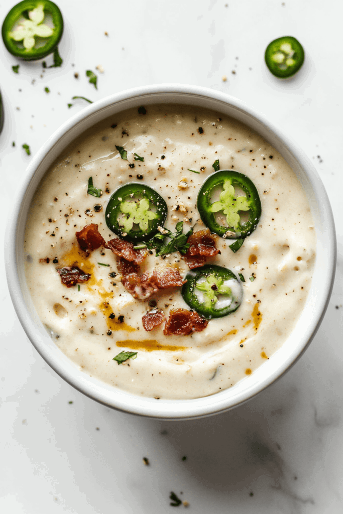 this image shows creamy and spicy jalapeno popper dip, served in a white bowl and topped with thinly sliced fresh jalapenos for a bold kick of flavor.