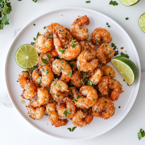 This image shows Keto Bang Bang shrimp served on a white round plate, topped with chopped cilantro and accompanied by a half-cut lemon. The dish is paired with a creamy sauce made from mayonnaise, Sriracha, garlic powder, lime juice, soy sauce, ginger paste, and a granular sweetener.