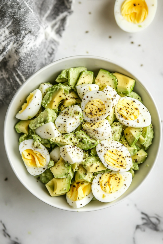 A creamy keto avocado egg salad served in a white bowl, sprinkled with fresh dill and black pepper, offering a perfect low-carb summer dish.