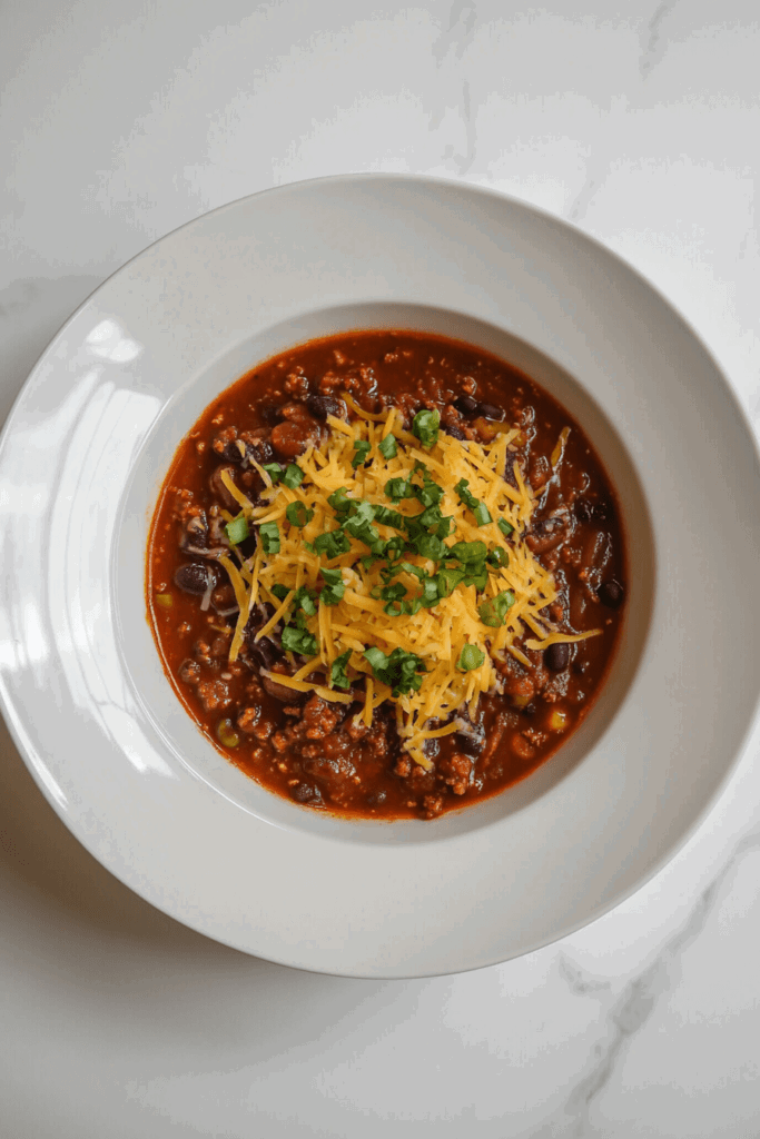 this image shows A flavorful bowl of keto chili topped with melted shredded cheese and freshly chopped spring onions, served as a warm and hearty low-carb meal.