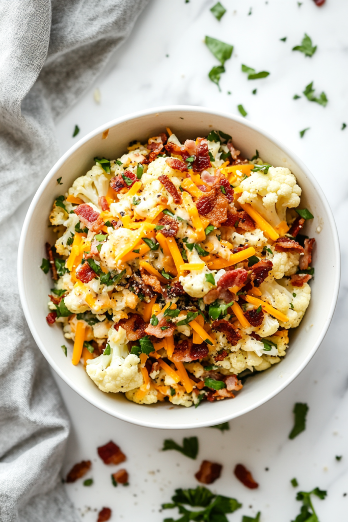 this image shows rich keto loaded cauliflower salad served in a white bowl, drizzled with a creamy mix of sour cream, mayonnaise, and vinegar.