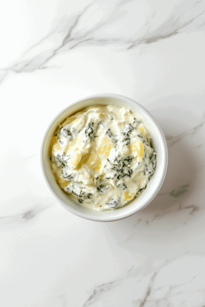 this image shows white bowl filled with rich and creamy keto spinach artichoke dip, featuring fresh spinach and artichokes, perfect for a healthy low-carb snack.