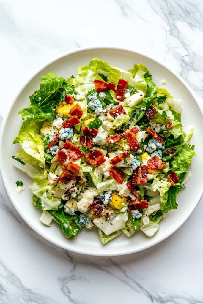 this image shows crisp keto wedge salad displayed on a round white plate, enriched with creamy blue cheese crumbles for a savory bite.