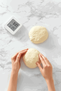 This image depicts hands kneading the dough on a flat surface, giving it the texture and elasticity needed to shape the fillets.