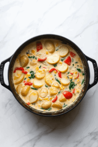 This image shows a smooth, blended portion of soup being poured back into the pot and stirred to create a creamy, velvety texture while maintaining some chunky elements.