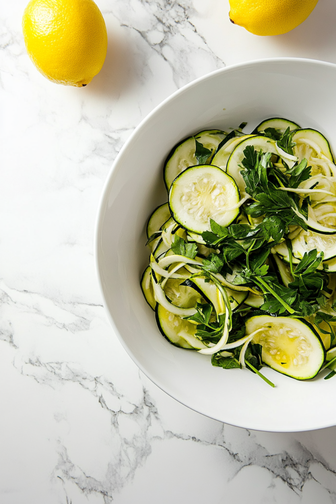 this image shows vibrant marinated zucchini salad, stirred with fresh herbs, served in a white bowl, creating a refreshing and flavorful dish perfect for any meal.