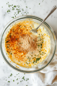 This image shows almond flour and dry seasonings being whisked together in a separate bowl, ready to be combined with the cheese mixture.