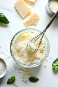 This image shows the creamy dressing being poured over the layered salad in the bowl, evenly coating the top layer for a rich and delicious finish.