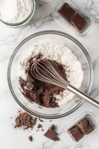 mixing bowl filled with dry ingredients like flour, HERSHEY'S Cocoa, sugar, and baking soda, being combined for the cake batter.