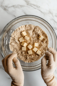 This image shows a large mixing bowl filled with flour, sugar, and ground nuts, being whisked together to create the dry base for the Vegan Linzer Torte dough.