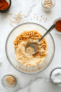 A bowl with mashed chickpeas being combined with spices, herbs, and other ingredients to create a flavorful base for the patties.