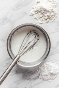 This image shows soy milk, granulated sugar, and cornstarch being whisked together in a saucepan, forming the base of a smooth vegan pastry cream mixture.