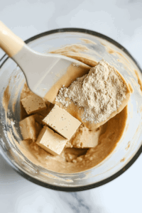 This image shows the tofu mixture being added to the dry ingredients and mixed thoroughly to form a cohesive dough.