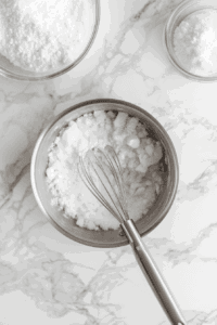 This image shows white sugar and cornstarch being mixed together in a bowl, preparing the base for the creamy Vegan Sugar Cream Pie filling.