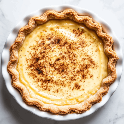 this image shows A beautifully baked old-fashioned vegan custard pie served in a round dish, featuring golden crispy edges, a smooth creamy center, and garnished with a light sprinkle of brown sugar for an elegant finish.
