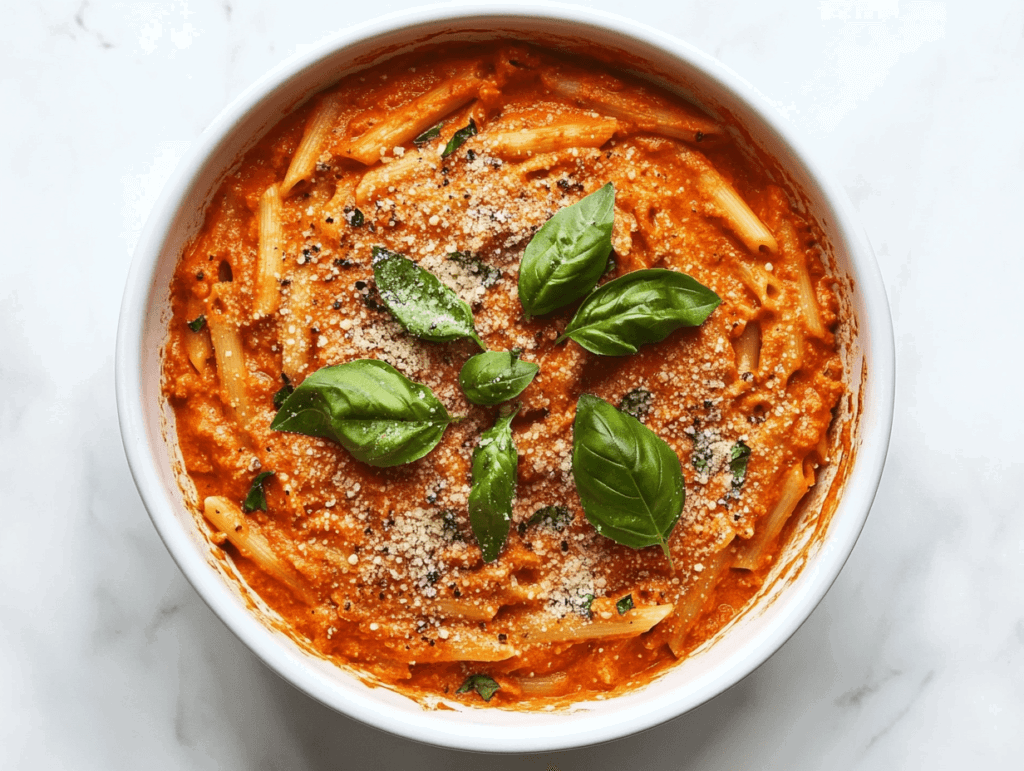 this image shows A round bowl filled with one-pot creamy tomato pasta, featuring penne coated in a rich tomato-based sauce made with vegetable broth and garnished with fresh basil leaves and vegan parmesan for a vibrant and hearty dish.