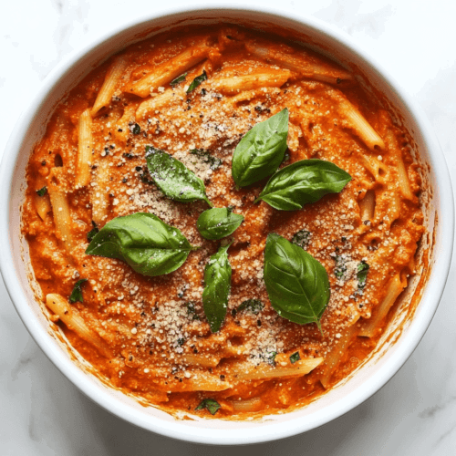 this image shows A round bowl filled with one-pot creamy tomato pasta, featuring penne coated in a rich tomato-based sauce made with vegetable broth and garnished with fresh basil leaves and vegan parmesan for a vibrant and hearty dish.
