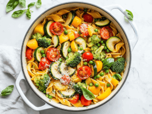 this image shows A vibrant round dish filled with one-pot vegan pasta primavera, enriched with broccoli, peas, cherry tomatoes, and shredded vegan cheese, creating a colorful and delicious meal.