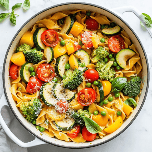 this image shows A vibrant round dish filled with one-pot vegan pasta primavera, enriched with broccoli, peas, cherry tomatoes, and shredded vegan cheese, creating a colorful and delicious meal.
