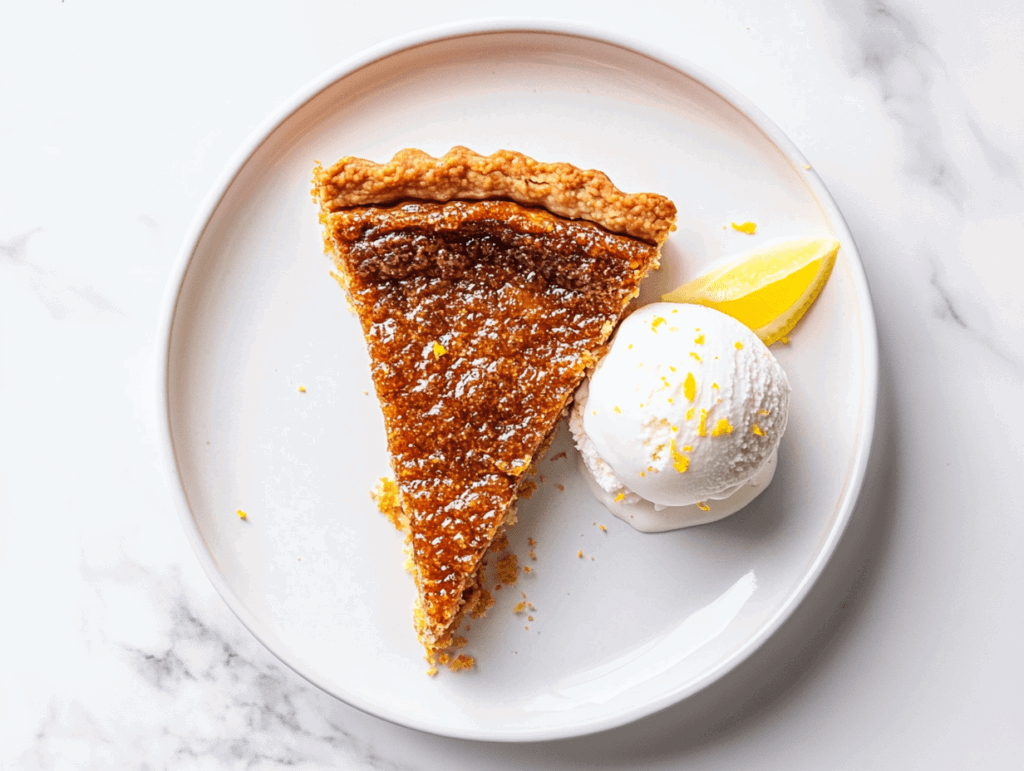 This image shows perfectly browned slice of Vegan Treacle Tart served on a white round plate with a scoop of vanilla ice cream and a half cut lemon on the side, enhancing the tart’s rich flavors.