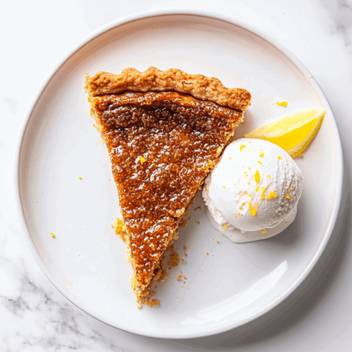 This image shows perfectly browned slice of Vegan Treacle Tart served on a white round plate with a scoop of vanilla ice cream and a half cut lemon on the side, enhancing the tart’s rich flavors.