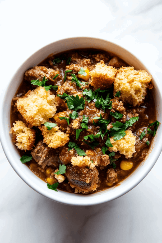 A hearty pork shoulder cornbread chili, featuring chunks of cornbread and garnished with fresh cilantro.