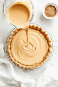 this image shows A close-up view of a blender containing a smooth and creamy vegan custard mixture, being prepared for pouring into the pie crust.