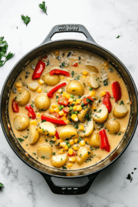 This image shows vegetable broth and creamy coconut milk being poured into a Dutch oven filled with simmering vegetables, creating a smooth and velvety consistency for the vegan corn chowder.