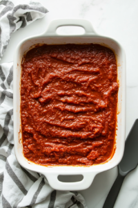 This image shows a rectangular baking dish being coated with marinara sauce, creating a base layer for the stuffed cabbage rolls.