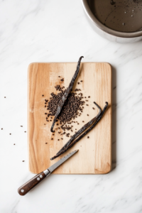 This image shows a vanilla pod being carefully sliced open with a sharp knife on a cutting board, revealing its fragrant seeds for enhancing the pastry cream.