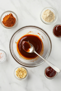 This image shows a bowl with barbecue sauce, Worcestershire sauce, soy sauce, chili powder, and garlic salt being mixed to create a flavorful coating for the shrimp.