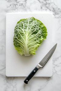 This image shows cabbage leaves being trimmed and laid flat, making them ready to be filled and rolled.